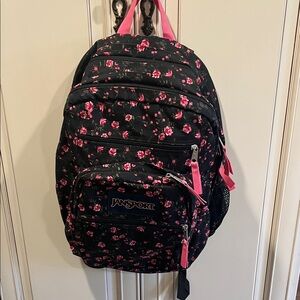 Jansport large backpack black with pink floral design